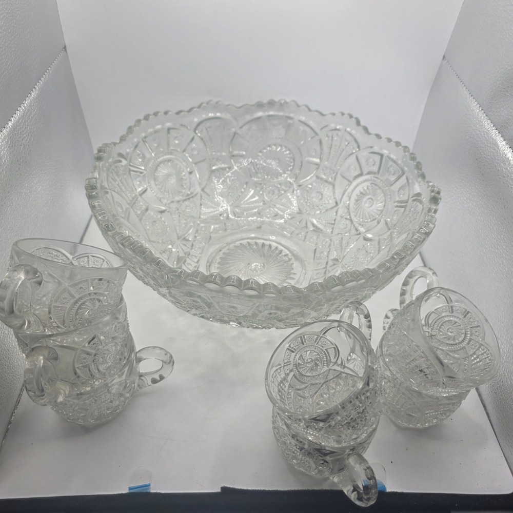 Vintage L.E. Smith Pinwheel & Stars Heavy Pressed Glass Punch Bowl Set 8pc